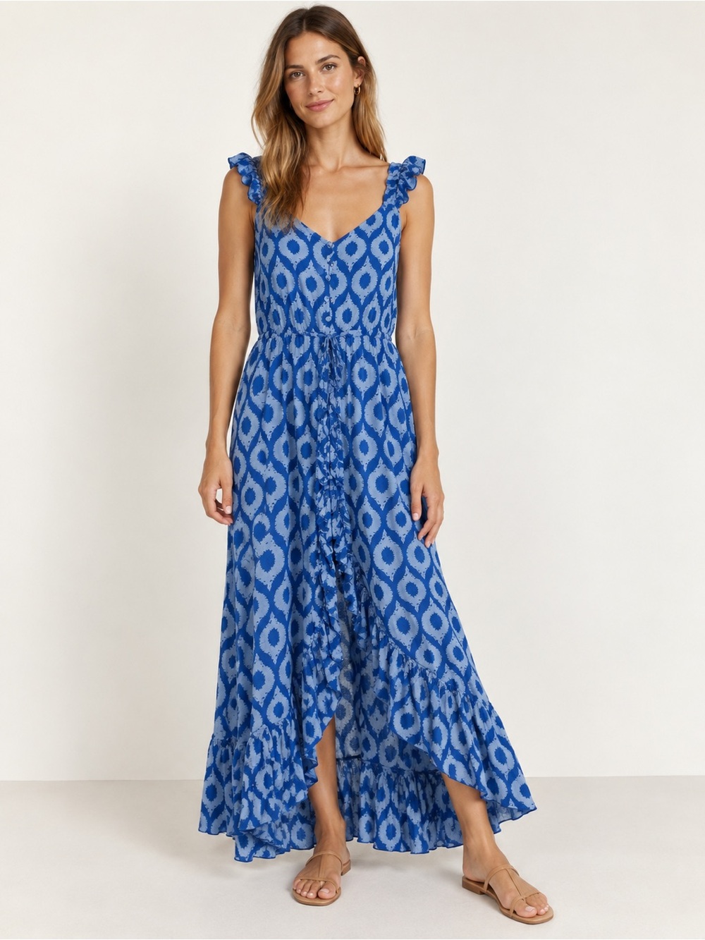 Feather & Find Blue Ikat High-Low Ruffle Maxi Dress Size M Boho Resort